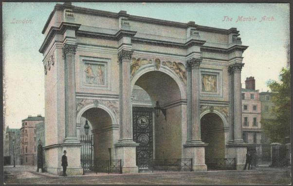 Printed colour postcard showing a view of the Marble Arch in London.

Published by The Pictorial Post Card Co Ltd, London, Empire Series, No 823, printed in Saxony, c.1905-10.

Postally unused.

Good condition, with very slight corner bumps, but some dark rubbing to the edges.