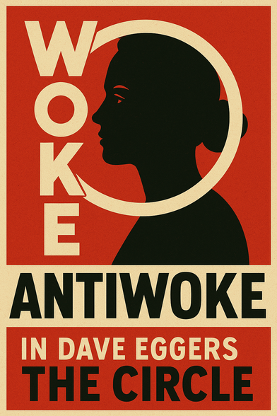 Politisches Plakat im Stil agitatorischer Kunst: Schwarze Silhouette eines Kopfes, umrahmt von einem Ring. Oben „ANTIWOKE“, im Inneren „WOKE“, darunter „In Dave Eggers’ The Circle“. Grafik: KI-generiert mit DALL·E.