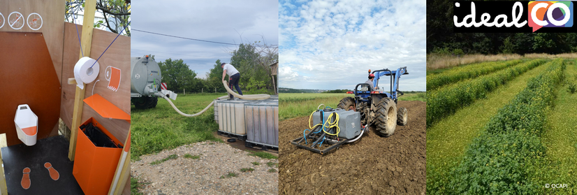 Affiche du webinaire : 4 photos et le logo idealCO.
Les photos sont : un urinoir féminin "Marcelle", une tonne à lisier et deux cuves IBC d'urine, le "pipiculteur" conçu lors du projet ENVILLE (un petit tracteur équipé d'une cuve, d'une pompe et d'un système d'injection de l'urine dans le sol), le résultat de la fertilisation à l'urine sur de la moutarde (les zones fertilisée ont poussé beaucoup plus haut)