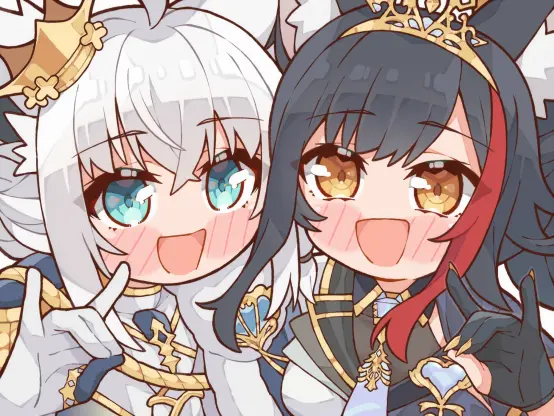 Fubuki and Mio smiling next to each other, each dressed in their respective concert attire including crowns.