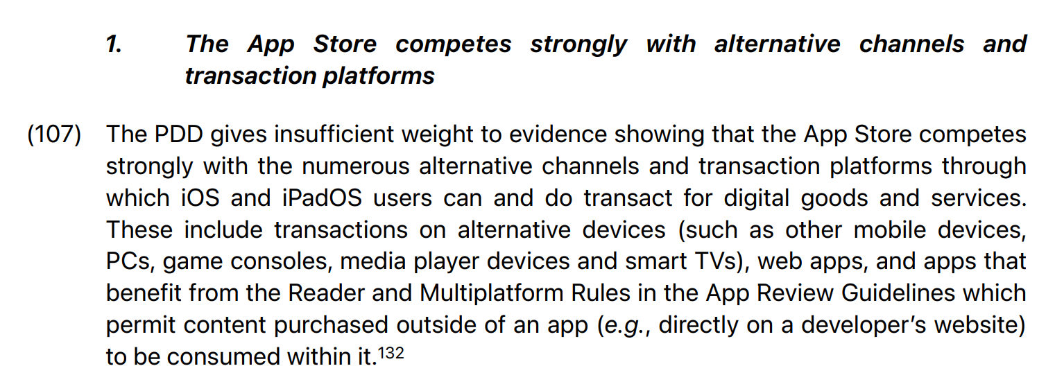 Apple's trying to claim, after trying to kill web apps in a fit of pique last year, that they are a reason the App Store doesn't need to be regulated: "the App Store competes strongly with the numerous alternative channels and transaction platforms through which iOS and iPadOS users can and do transact for digital goods and services. These include transactions on alternative devices (such as other mobile devices, PCs, game consoles, media player devices and smart TVs), web apps,"