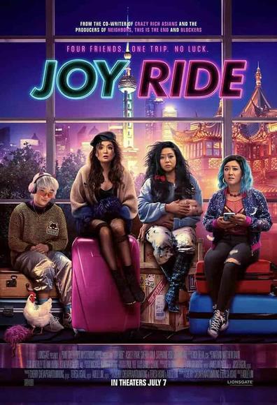 The Joy Ride poster with Sabrina Wu, Stephanie Hsu, Ashley Park, and Sherry Cola. the tagline is Four Friends, One Trip. No Luck.