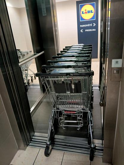Výtah s s dveřmi naproti sobě. Ve výtahu je osm nákupních vozíčků jako vláček. Nevejdou se. Čouhají z obou stran.