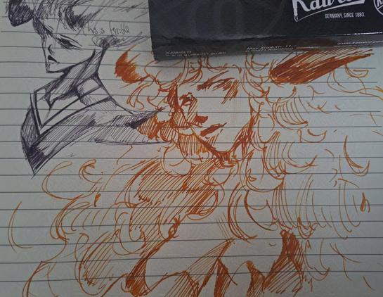 Fountain pen doodle of two people, one is a young man while the other is a muscular woman with big hair. Both have crosshatching