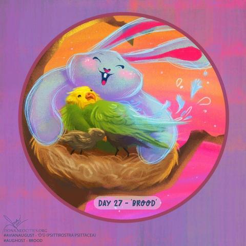 Digital sketch mimicking soft pastels. An adult ʻŌʻū bird sits in its nest, happily fluffing up over its two small chicks. The tips of its feathers are flying away, turning ghost-like. Ghost Bunny is giving them all a big hug with a smile on their face.