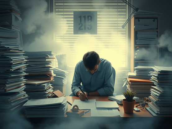 A person is seated at a cluttered desk surrounded by stacks of papers, focused on writing. The room is dimly lit with a soft glow coming from a window, and there is a plant and glasses on the desk.