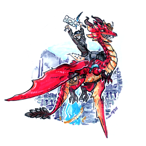 an ink paint & pen drawing on paper. onyx (a humanoid with horns and a tail) is riding the back of ehll tou (a bright red and gold dragonling) and raising his arms in excitement. ehll tou is smiling, flying them through the sky. the background is a circle painting of a wintery area in final fantasy xiv which they're flying out of.