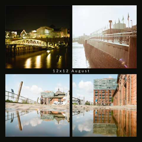 Collage der folgenden 4 Bilder, in der Mitte steht "12x12 August"