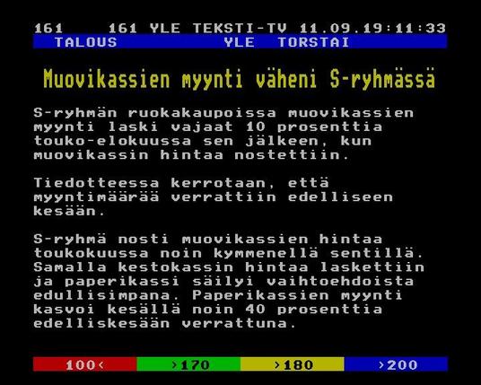 Yle Teksti-TV | Sivu 161.1

   TALOUS          YLE  TORSTAI
 
  Muovikassien myynti väheni S-ryhmässä
 
 
 S-ryhmän ruokakaupoissa muovikassien
 myynti laski vajaat 10 prosenttia
 touko-elokuussa sen jälkeen, kun
 muovikassin hintaa nostettiin.
 
 Tiedotteessa kerrotaan, että
 myyntimäärää verrattiin edelliseen
 kesään.
 
 S-ryhmä nosti muovikassien hintaa
 toukokuussa noin kymmenellä sentillä.
 Samalla kestokassin hintaa laskettiin
 ja paperikassi säilyi vaihtoehdoista
 edullisimpana. Paperikassien myynti
 kasvoi kesällä noin 40 prosenttia
 edelliskesään verrattuna.