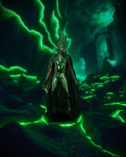 Whilst exploring a cave, you've accidentally stumbled upon Asterisk, standing upon a large rock, holding his arms and claws slightly open, as if welcoming you. Surrounded by the rocky, green illuminated surroundings, he declares you've entered his lair uninvited, and that some 'punishment' is now in order.

Asterisk is wearing a shiny wetsuit, his characteristic cape, and his strap boots. His eyes seem to glow beneath the light that surrounds him.