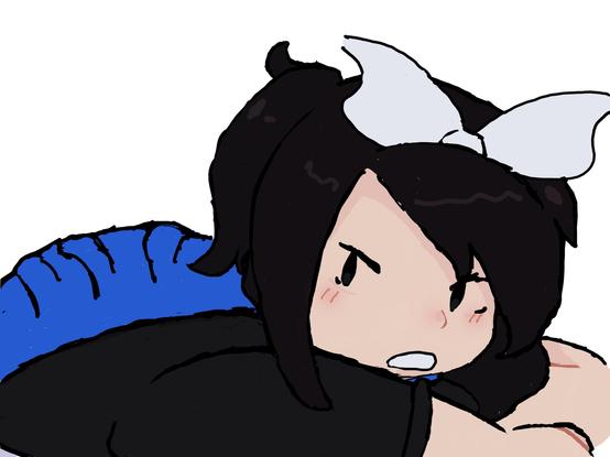 A woman with black hair tied in a ponytail and a white bow is depicted, wearing a black shirt and a blue skirt. The character has an intense expression, looking over the shoulder with a slightly angry demeanor and is lying down. The background is plain white.