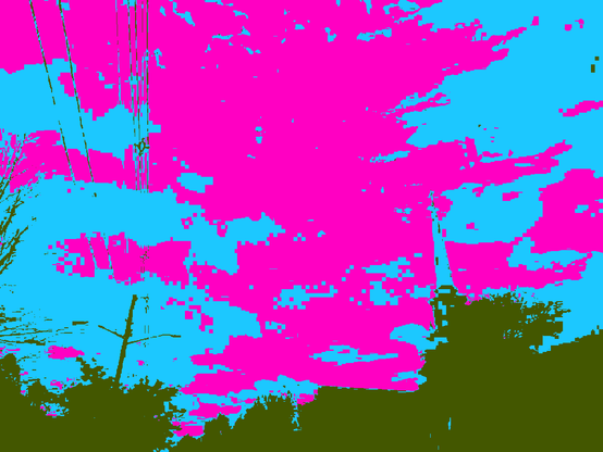 Flat minimalist pixelized skyscape with a magenta and cyan-blue sky and a flat olive green landscape at the bottom of the picture