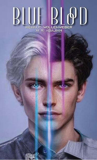 book cover. a face of a young person. Half looks male with dark hair while the other half looks female with silver hair.