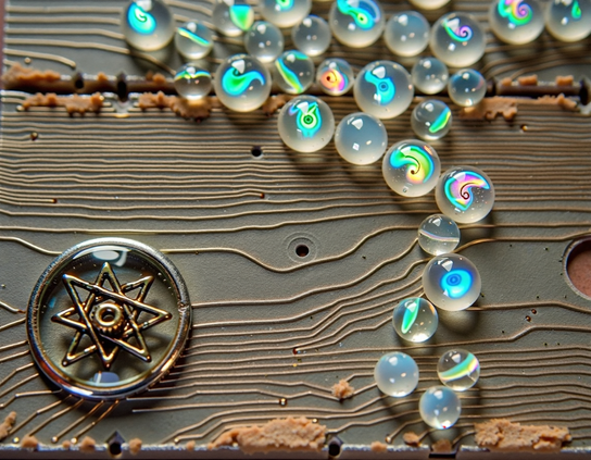 A metallic eight--pointed star, domed in glass, controls a selection of glowing embryonic organic circuits encased in crystalline spheres, on a wooden surface carved to resemble board traces.