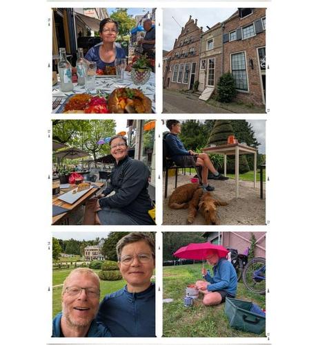 Collage mit sechs Fotos: Oben links ein gedeckter Restauranttisch mit buntem Essen im Freien, rechts daneben eine historische, holländisch anmutende Häuserzeile. In der mittleren Reihe links sitzt eine Frau in einer Café-Terrasse mit Kuchen und Kaffee, rechts sitzt diese Frau im Freien an einem Tisch mit Hund zu Füßen und in Zierform geschnittenem Busch dahinter. Unten links ein Selfie von zwei Personen vor einem großen Park mit Schloss im Hintergrund, unten rechts sitzt jemand unterm pinken Regenschirm neben einem Fahrrad beim Kochen auf dem Campingkocher im Gras.