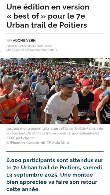 Capture d'écran de l'article de La Nouvelle République sur l'urban trail du samedi 13 septembre, avec une photo de coureurs sur la ligne de départ.