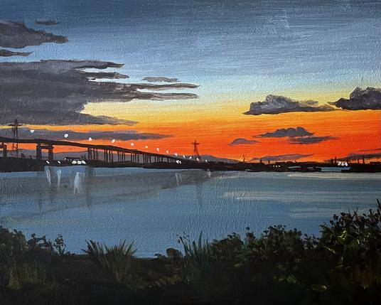 Painting of the New Jersey Turnpike bridge viewed from Laurel Hill Park at sunset, with the Hackensack River in the foreground. The sky shifts from deep blue to fiery orange, dotted with dark clouds, while the bridge is lit by a string of glowing lights. Dark silhouettes of plants frame the riverbank.