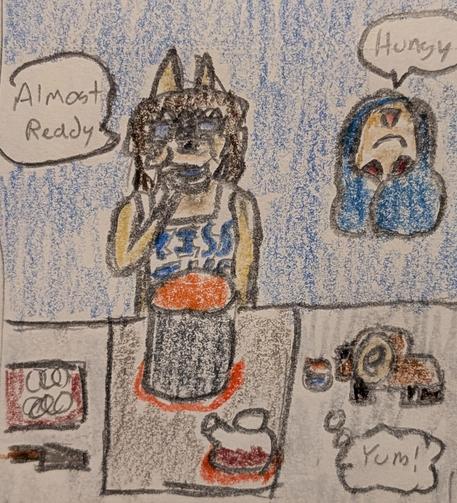 Color pencil drawing of Eli Norainu, an anthro dog man, my main OC, tasting some soup he is cooking. He comments, "Almost ready." Mr. Scruffles, a bantha plushie from Star Wars, sips a sample and says, "Yum!" Behind them, Lop Norausa, a Lepi woman from Star Wars Visions, is wrapped in a blanket and saying "Hungy..."