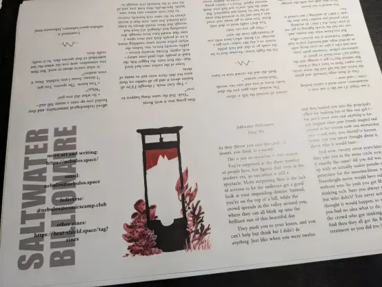 shot of unfolded 8 page zine, SALTWATER BILLIONAIRE in impact font, a red fish themed guillotine, and a lot of text