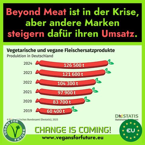 Text:
"Beyond Meat ist in der Krise, aber andere Marken steigern dafür ihren Umsatz."

Auf dem Bild sieht man eine Grafik mit den Produktionsmengen von Pflanzenfleisch in Deutschland von 2019 bis 2024.