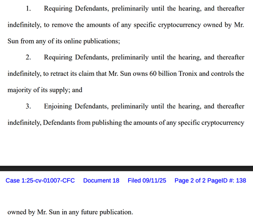 1. Requiring Defendants, preliminarily until the hearing, and thereafter indefinitely, to remove the amounts of any specific cryptocurrency owned by Mr. Sun from any of its online publications; 2. Requiring Defendants, preliminarily until the hearing, and thereafter indefinitely, to retract its claim that Mr. Sun owns 60 billion Tronix and controls the majority of its supply; and 3. Enjoining Defendants, preliminarily until the hearing, and thereafter indefinitely, Defendants from publishing the amounts of any specific cryptocurrency owned by Mr. Sun in any future publication.