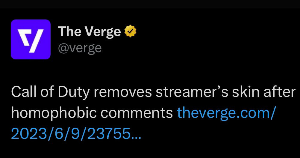 tweet by the verge saying call of duty removes streamer's skin after homophobic comments