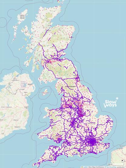 Map of Britain with 2,000+ verified Slow Ways routes connecting hundreds of towns and cities.