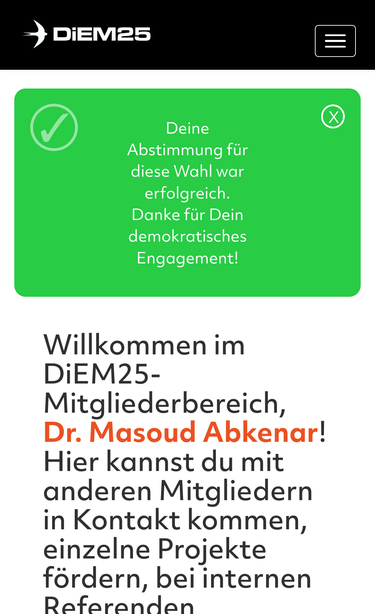صفحه‌ای که توش به آلمانی نوشته رأی شما با موفقیت ثبت شد.