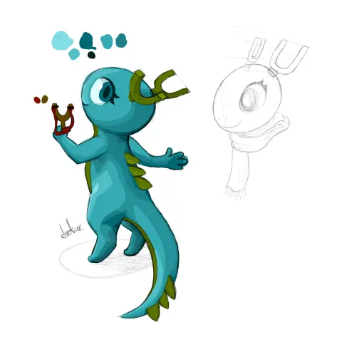 this is a rough sketch. It's a small blue wingless kde dragon with green (supposed to be yellow but I messed up the color mixing) antlers and spikes. She is holding a slingshot. There is another view where it's just her head and she's wearing a scarf.