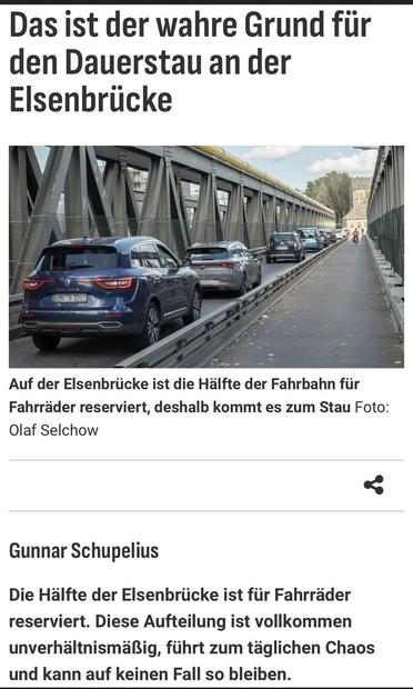 Screenshot aus der Berliner Zeitung. Elsenbrücke Thema Stau. Man sieht Autos und ein Fahrrad