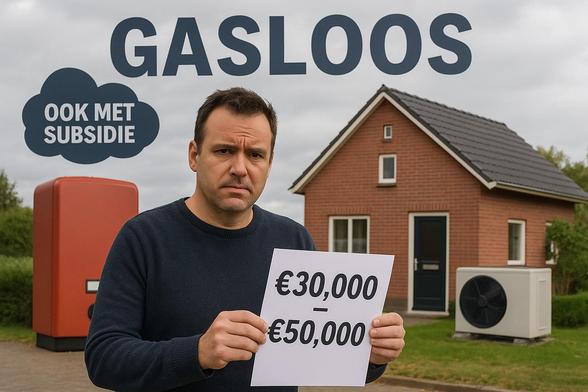 Man staat voor een huis met warmtepomp en houd een rekening vast met daar de bedragen €30.000 en €50.000 er op. Er boven Gasloos ook met subsidie.