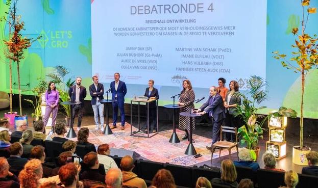 Foto van een eerdere editie van het Nationaal Ruimtelijk Verkiezingsdebat, met 8 politici en een gespreksleider op een podium, voor een zaal gevuld met mensen.