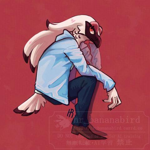 Digital painting of an anthropomorphic rock ptarmigan man with long white hair, named Raichi. He is sitting with his head propped on his left hand and brooding.