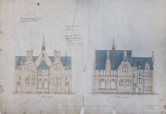 Rear (left) and north side (right) elevations of Causewayside School, dated 1875. The pair of blocks to the back housed stairs, toilets and offices on intermediate floors, hence the extra sets of windows. University of Edinburgh Centre for Research Collections, Coll-31/2/EC.74