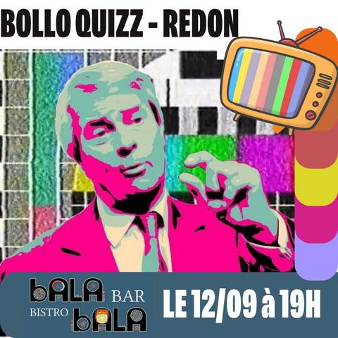 Affiche du BolloQuiz en teintes fluo, portrait pop art de Vincent Bolloré sur fonds de coupure de journaux et écran de télé en mode mire.