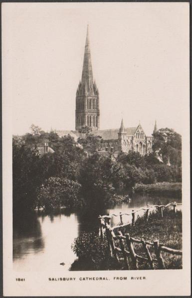 Sepia real photographic postcard showing a view of Salisbury Cathedral in Wiltshire.

Published by W.H. Smith & Sons, London, Kingsway Real Photo Series, No 1841, c.1910.

Postally unused.

Good condition, with very slight corner bumps and light album marks, but very light bend to bottom right.