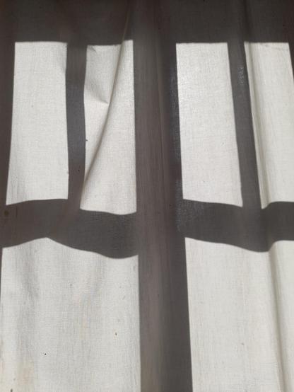 The upper part of the window with the hawthorn showing the wooden slates. The photo is quite graphical, only some movement in the white curtain. With the strong backlight it's nearly black and white.
