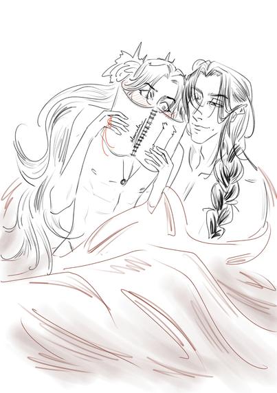 a sketch of hua cheng and xie lian in bed. xie lian is reading a story and is very flustered by whatever it is, blushing furiously as he is clutching the little book. hua cheng is amused, but we all know his mind is reeling, trying to figure out which parts of the story could be an inspiration :3