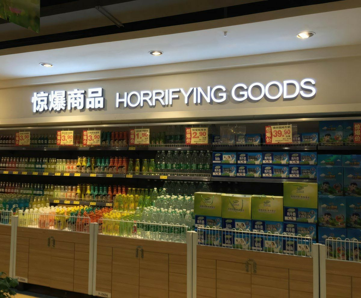photograph of a supermarket isle with a sign saying horrifying goods