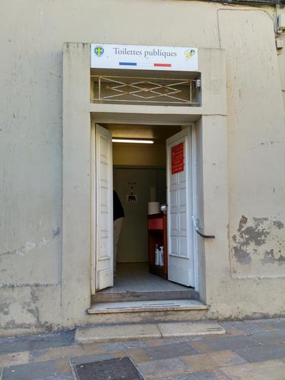 Photo d'une porte, ouverte, menant à des toilettes publiques, avec un logo officiel de la ville de Toulon. Mais il y a 3 marches devant la porte.