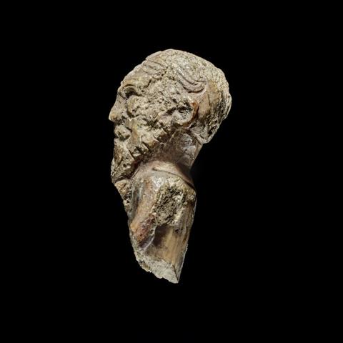 Figurina intagliata in avorio di tricheco che rappresenta il busto di un uomo vichingo del X secolo, con dettagli della pettinatura, baffi e pizzetto intrecciato.