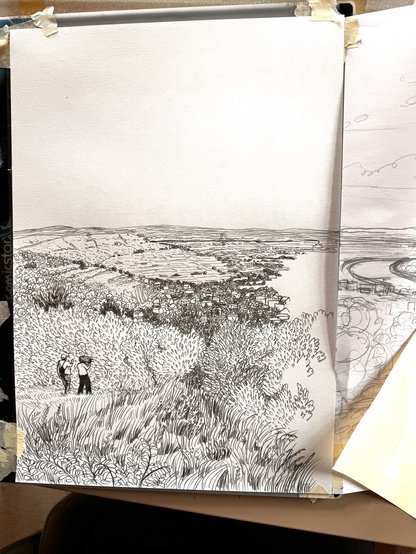 Black and white drawing of the city of Krems from above, in the left corner the Archeologist Christine Neugebauer-Maresch and me are looking down. Drawing is unfinished.