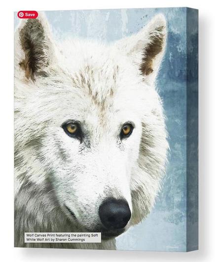 White wolf on muted blue watercolor background by Sharon Cummings.