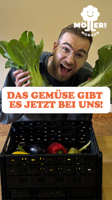 Ein lächelnder Mann mit Brille hält zwei frische Pak-Choi-Köpfe in den Händen und steht hinter einer Kiste voller buntem Gemüse, darunter Paprika, Auberginen, Zucchini und Paprika. Im Vordergrund steht in großen, orangefarbenen Buchstaben:
**"DAS GEMÜSE GIBT ES JETZT BEI UNS!"**
Das Logo von **Möllers Morgen** ist in der oberen rechten Ecke sichtbar. Die Szene wirkt fröhlich und einladend, als würde er das frische Gemüse direkt anbieten.