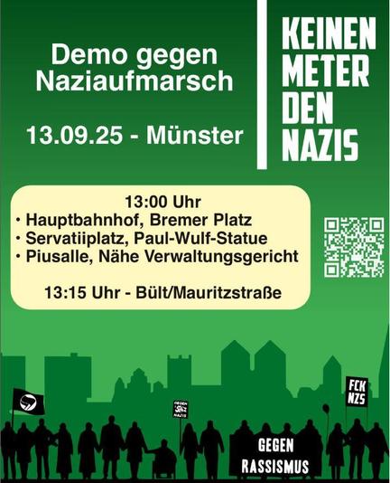 demoplakat keinen meter den nazis, morgen 13:15 13.9 hauptbahnhof, bremer platz, servatiiplatz, paul wulff straße, piusallee nähe verwaltungsgericht