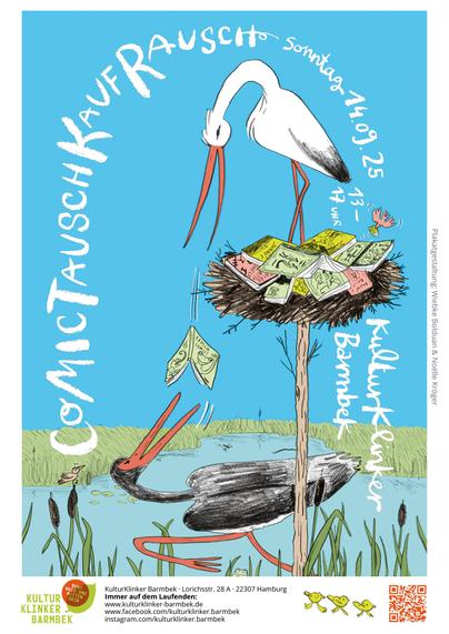 Flyermotiv von Wiebke Bolduan & Noelle Krüger:
2 Störche legen ihr Nest mit Comics aus