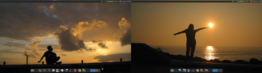 Captura de pantalla de un escritorio Plasma Desktop extendido a dos monitores.

El monitor de la izquierda muestra a un hombre sentado en el suelo, de perfil, contra un cielo dramático lleno de nubes en tonos anaranjados y grises.

El monitor de la derecha presenta una escena diferente: una persona, silueteada contra el sol poniente, parece sostener la esfera solar en la palma de su mano, con los brazos extendidos. El sol, brillante y casi cegador, se refleja en la superficie del agua. El ambiente es más sereno y lleno de luz dorada.

Ambos monitores comparten el mismo panel inferior, colocado como dock, que muestra una colección de iconos de aplicaciones. El estilo de los iconos es caricaturesco. En el panel superior, sobre la esquina derecha de cada pantalla se pueden ver la hora y la bandeja del sistema.