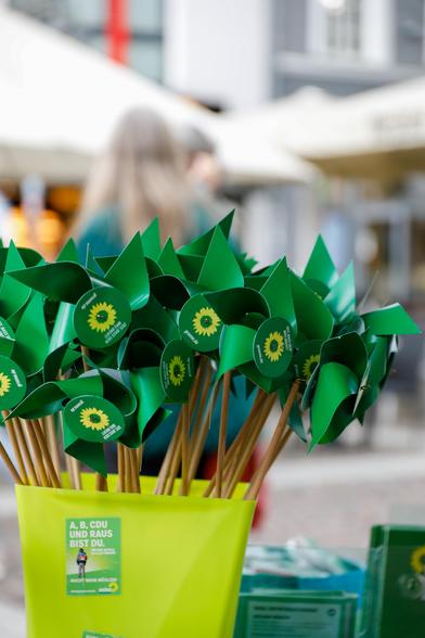 Fotografie von vielen grünen Windrädern in einem gelben Eimer. Auf dem gelben Eimer klebt ein Aufkleber mit der Aufschrift "A, B, CDU und raus bist Du"