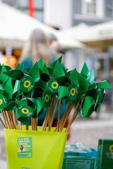 Fotografie von vielen grünen Windrädern in einem gelben Eimer. Auf dem gelben Eimer klebt ein Aufkleber mit der Aufschrift "A, B, CDU und raus bist Du"