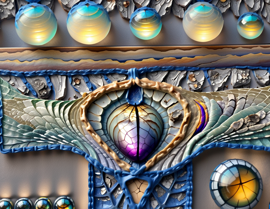 Smooth crystalline Heart-like jewel in organically textured setting, surrounded by layered metallic patterns and glowing spheres.